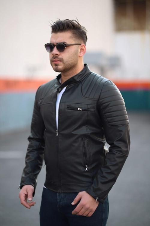 Dar Kesim Omuz Detaylı Erkek Deri Ceket Mont 2XL Siyah