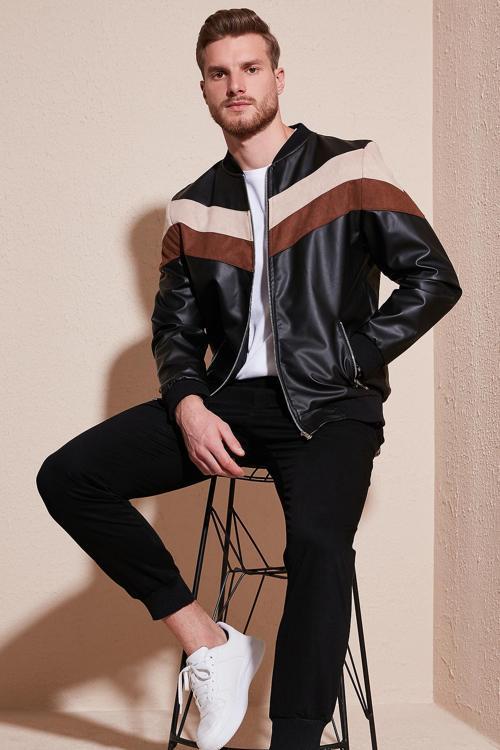 Slim Fit Renk Bloklu Kolej Yaka Bomber Suni Deri Erkek Mont 5718909 SİYAH