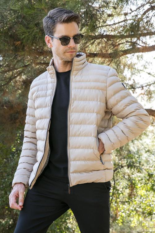Dik Yaka Fermuarlı Cepli Slim Fit Şişme Erkek Mont 649002 VİZON