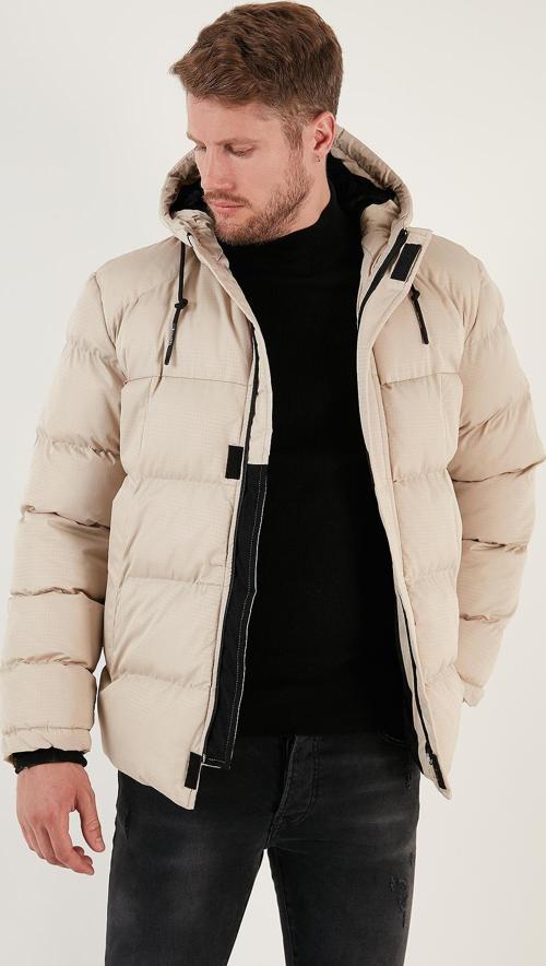 Fermuarlı Cepli Slim Fit Kapüşonlu Şişme Erkek Mont 5711050 TAŞ