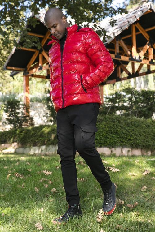 Slim Fit Çıkarılabilir Kapüşonlu Parlak Şişme Erkek Mont 649007 KIRMIZI