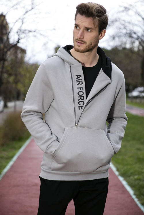 Kanguru Cepli Fermuarlı Kapüşon Yaka Slim Fit Erkek Sweat 575707 AÇIK GRİ