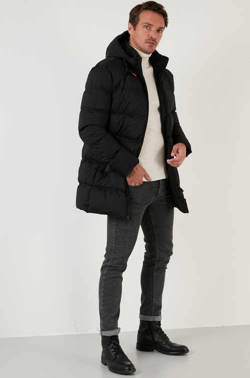Kapüşonlu Dik Yaka Slim Fit Uzun Şişme Erkek Mont 6274820 SİYAH