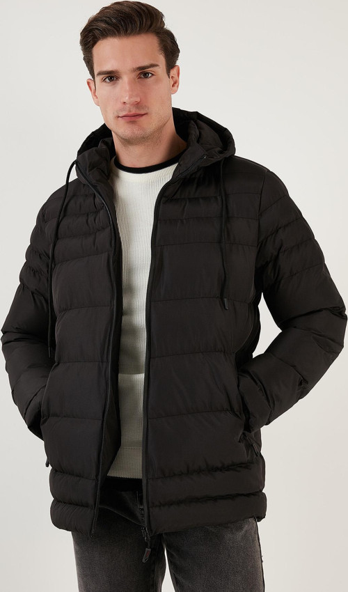 Su İtici Slim Fit Soğuğa ve Rüzgara Dayanıklı Kapüşonlu Şişme Erkek Mont 649005 SİYAH