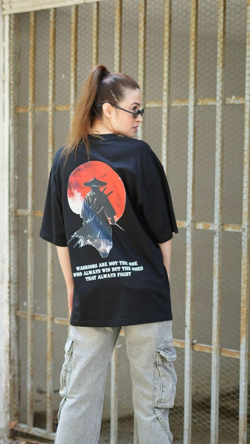 Oversize %100 Pamuk Samuray Baskılı Unisex T-Shirt Siyah