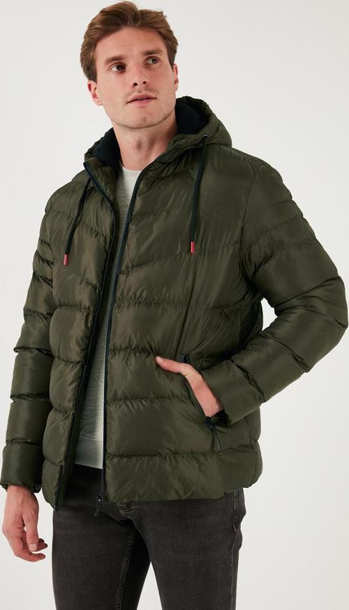 Peluş Astarlı Kapüşonlu Fermuarlı Slim Fit Şişme Erkek Mont 5762010 HAKİ