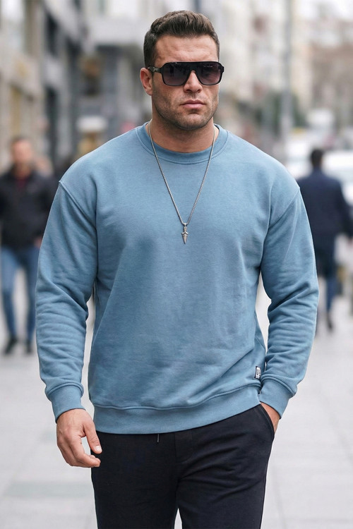 Regular Fit Bisiklet Yaka Pamuklu İçi Tüylü Yumuşak Şardonlu Erkek Sweat 5905255 MAVİ