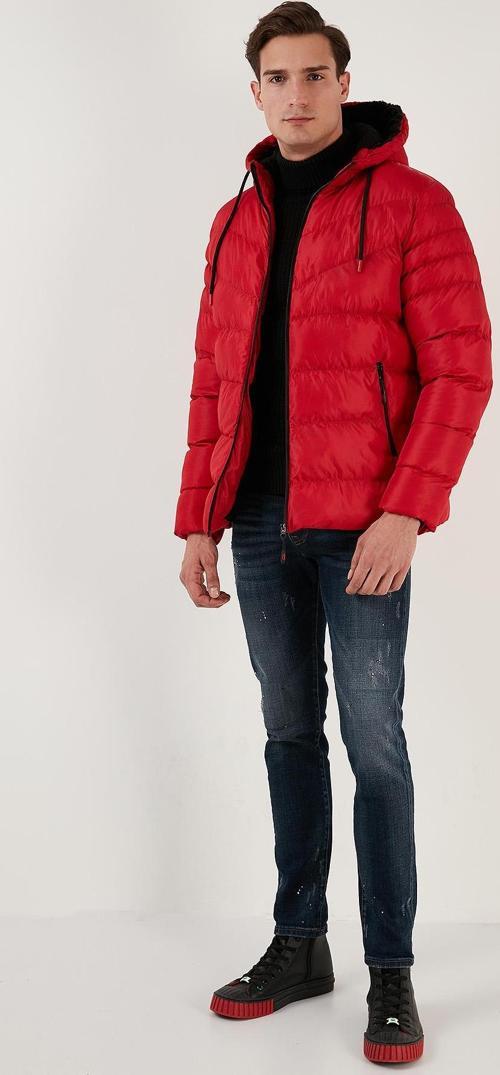 Peluş Astarlı Kapüşonlu Fermuarlı Slim Fit Şişme Erkek Mont 5762010 KIRMIZI