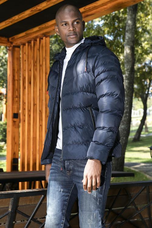 Peluş Astarlı Kapüşonlu Fermuarlı Slim Fit Şişme Erkek Mont 5762010 LACİVERT