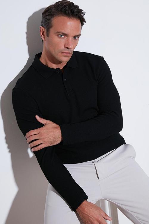 Pamuklu Regular Fit Düğmeli Polo Yaka Erkek Sweat 5905708 SİYAH