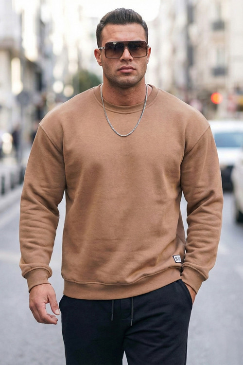Regular Fit Bisiklet Yaka Pamuklu İçi Tüylü Yumuşak Şardonlu Erkek Sweat 5905255 Tarçın