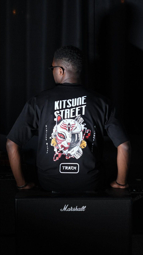 Oversize %100 Pamuk 'Kitsune Street' Baskılı Unisex T-Shirt Siyah