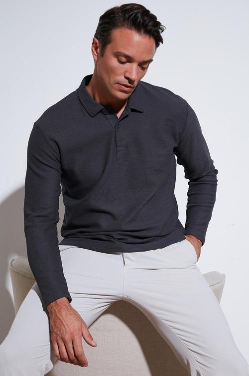 Pamuklu Regular Fit Polo Yaka Erkek Sweat 5905715 ANTRASİT