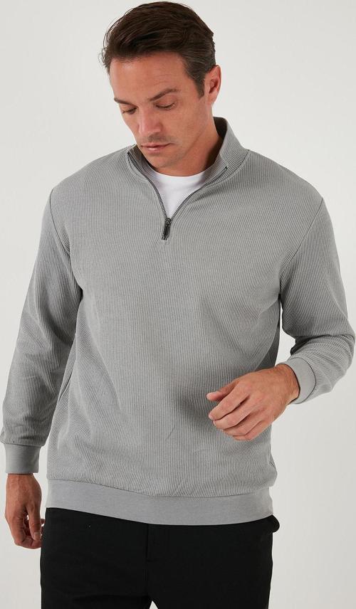 Pamuklu Regular Fit Yarım Fermuarlı Dik Yaka Erkek Sweat 5905716 GRİ