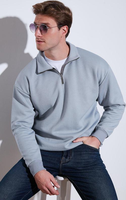 Yarım Fermuarlı Yaka Relaxed Fit Erkek Sweat 5905509 AÇIK GRİ