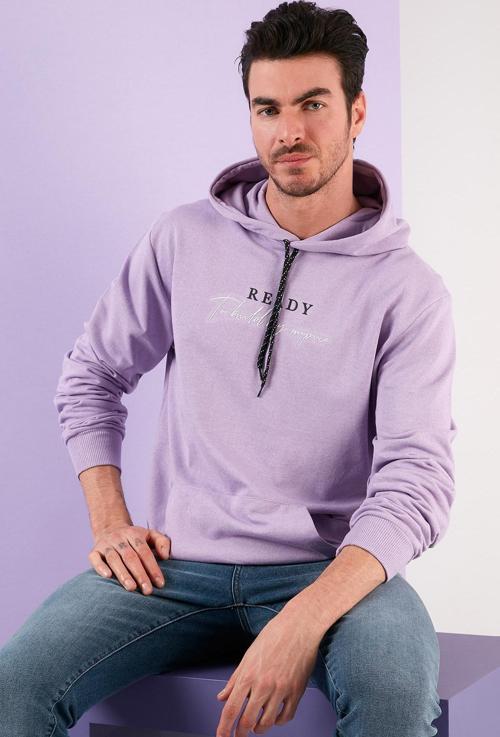 Slim Fit Baskılı Kapüşonlu Kanguru Cepli Pamuklu Erkek Sweat 5414020 LİLA