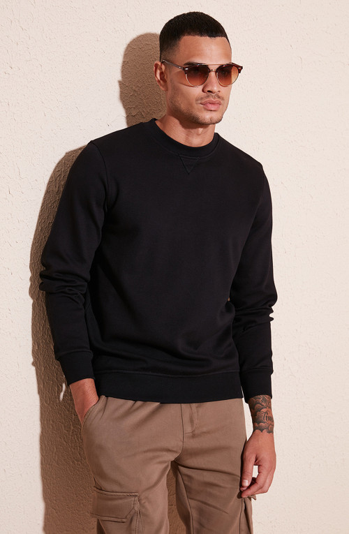 Pamuklu Relaxed Fit Bisiklet Yaka Erkek Sweat 5905453 SİYAH