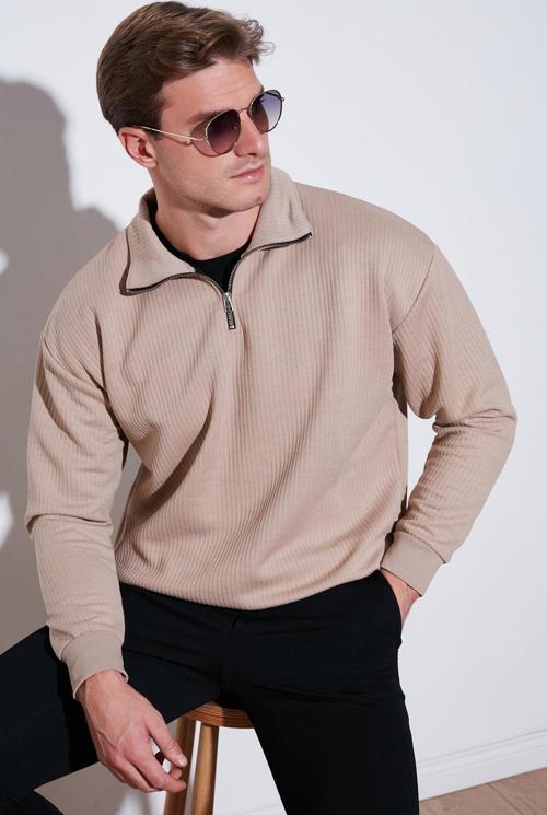 Yarım Fermuarlı Yaka Relaxed Fit Erkek Sweat 5905509 VİZON