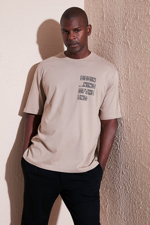 % 100 Pamuk Baskılı Oversize Bisiklet Yaka Erkek T Shirt 5902641 VİZON