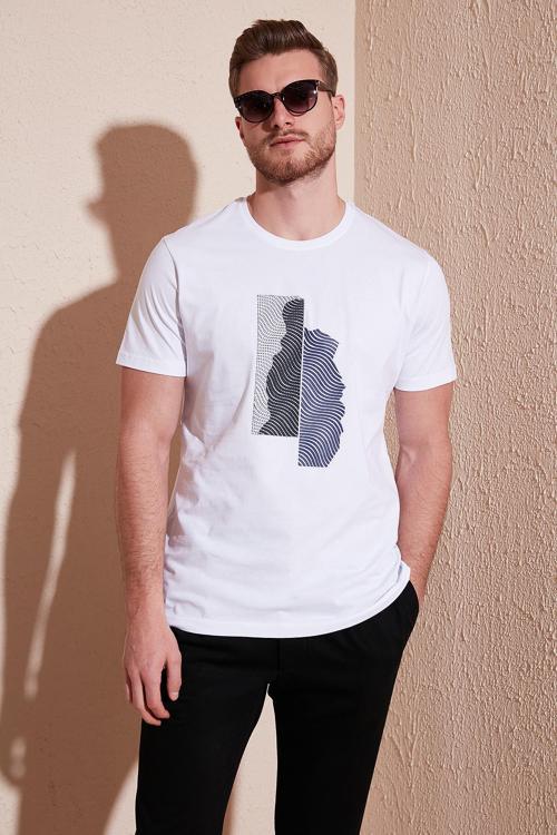 Baskılı Bisiklet Yaka % 100 Pamuk Slim Fit Erkek T Shirt 646B3920 BEYAZ
