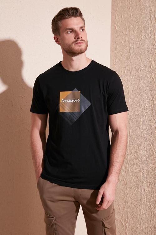 Baskılı Bisiklet Yaka % 100 Pamuk Slim Fit Erkek T Shirt 646R3940 SİYAH