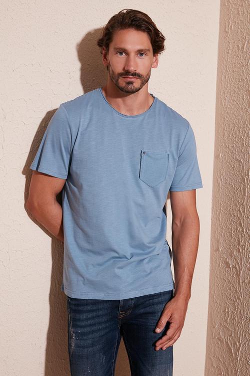 % 100 Pamuklu Slim Fit Bisiklet Yaka Cepli Erkek T Shirt 5902000 AÇIK MAVİ