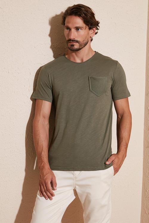 % 100 Pamuklu Slim Fit Bisiklet Yaka Cepli Erkek T Shirt 5902000 HAKİ