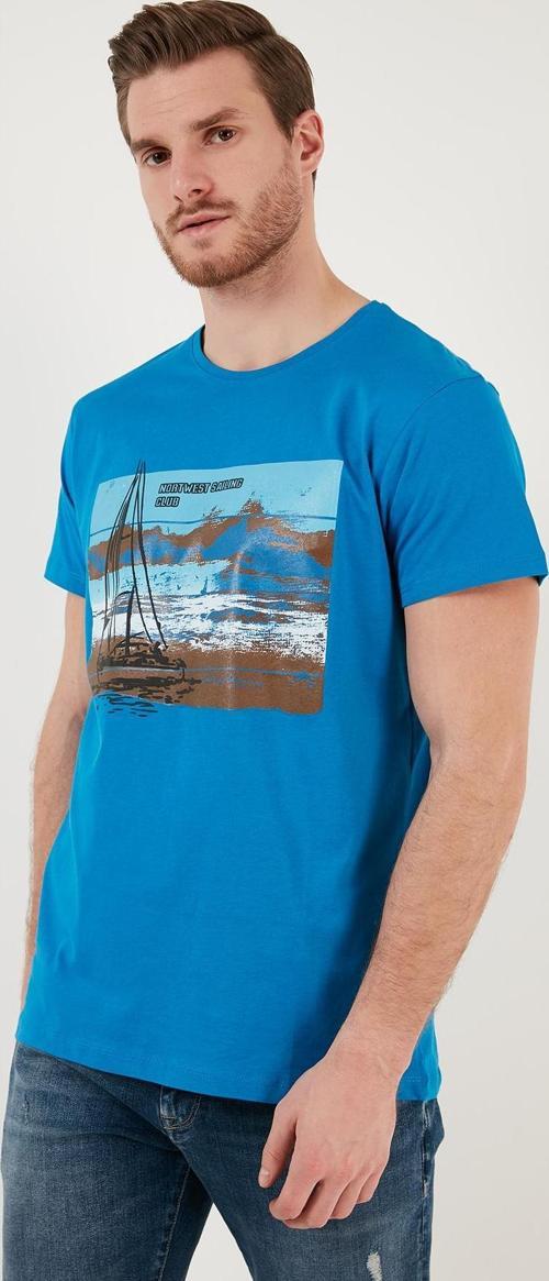 Baskılı Bisiklet Yaka % 100 Pamuklu Slim Fit Erkek T Shirt 541YELKEN24 MAVİ