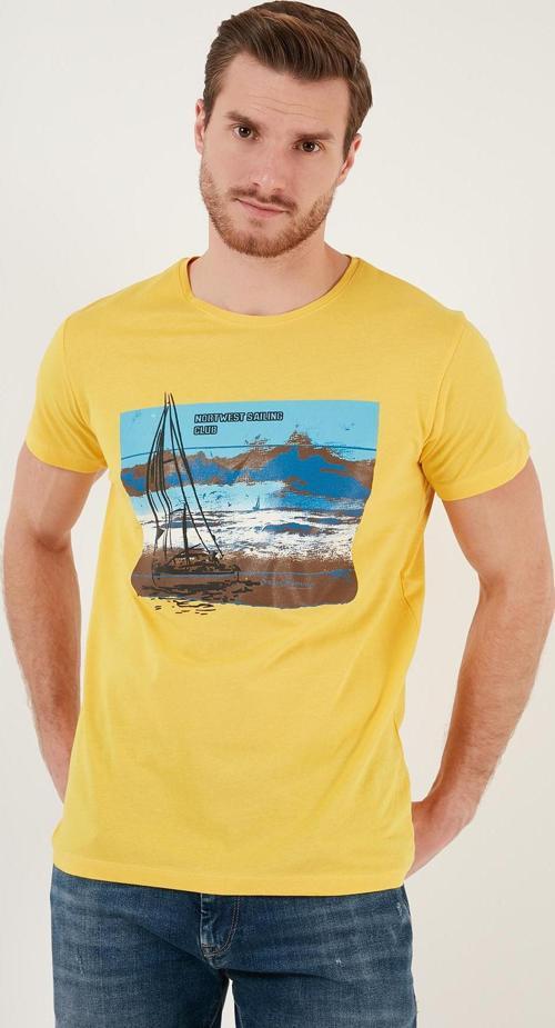 Baskılı Bisiklet Yaka % 100 Pamuklu Slim Fit Erkek T Shirt 541YELKEN24 SARI