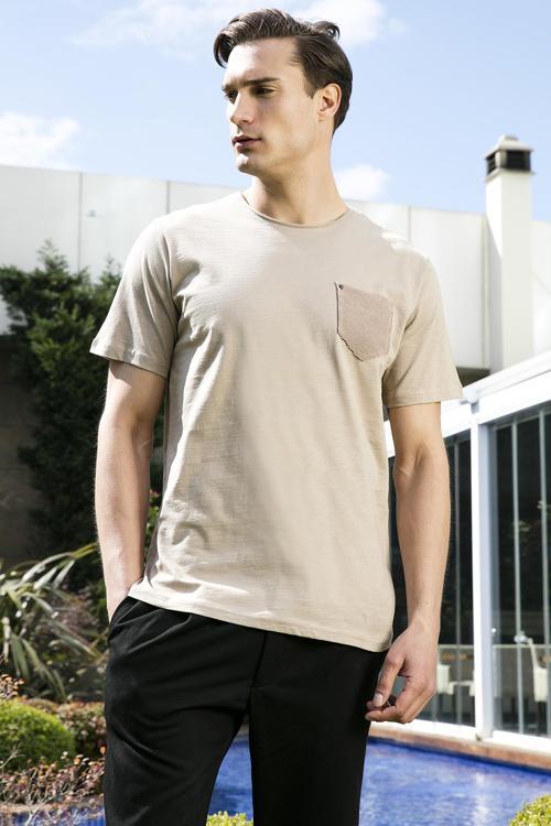 % 100 Pamuklu Slim Fit Bisiklet Yaka Cepli Erkek T Shirt 5902000 VİZON
