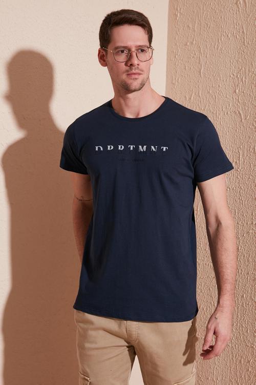 Baskılı Bisiklet Yaka Pamuklu Slim Fit Erkek T Shirt 541DPRTMNT24 LACİVERT