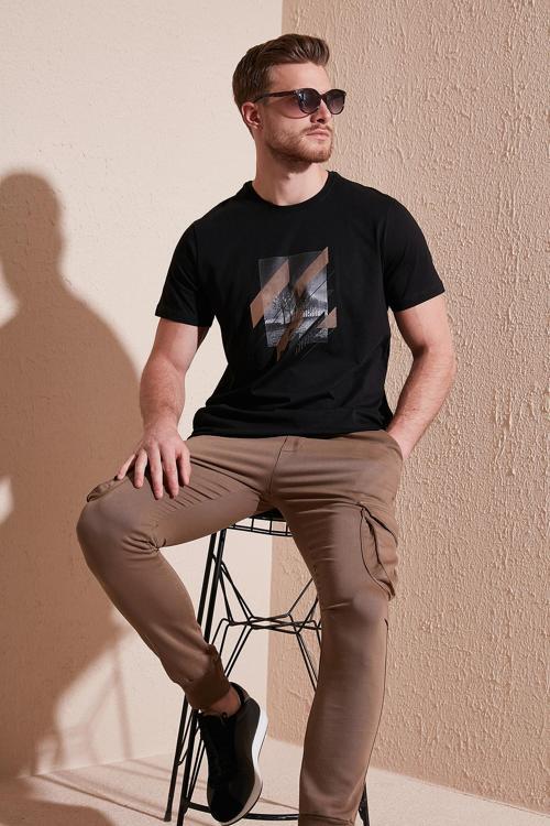 Baskılı % 100 Pamuk Bisiklet Yaka Slim Fit Erkek T Shirt 646B3890 SİYAH