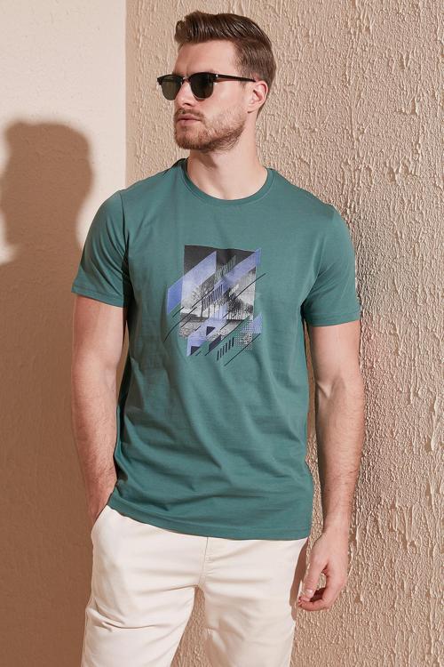 Baskılı % 100 Pamuk Bisiklet Yaka Slim Fit Erkek T Shirt 646B3890 YEŞİL