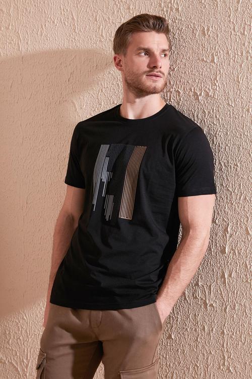 Baskılı % 100 Pamuk Slim Fit Bisiklet Yaka Erkek T Shirt 646B3780 SİYAH