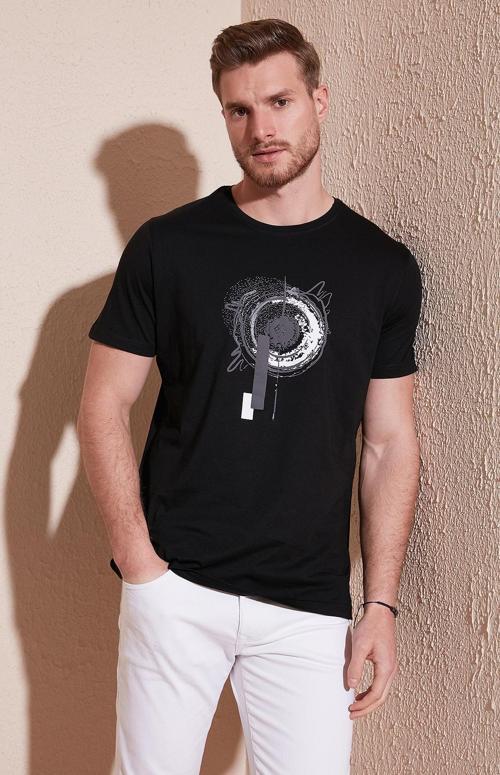 Baskılı % 100 Pamuk Slim Fit Bisiklet Yaka Erkek T Shirt 646B3860 SİYAH