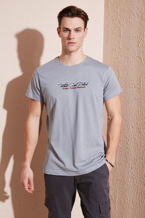Baskılı Bisiklet Yaka % 100 Pamuk Slim Fit Erkek T Shirt 541ENJOY AÇIK GRİ