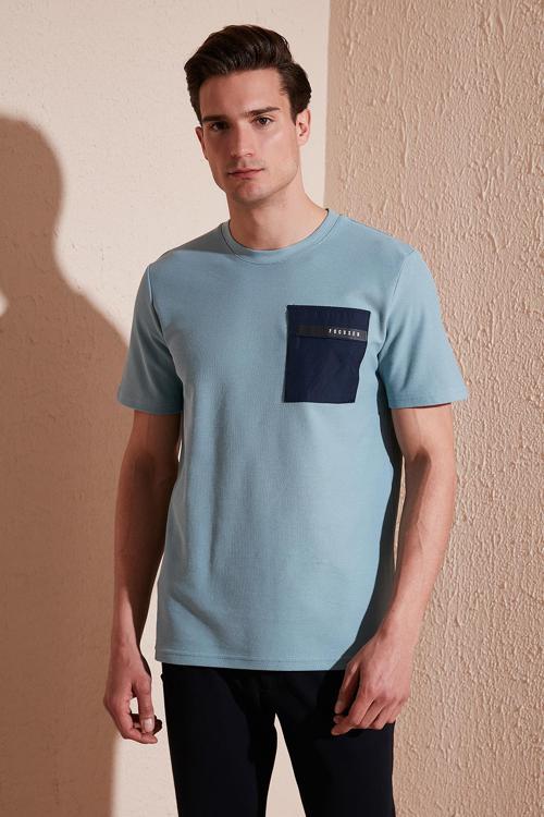 Baskılı Slim Fit Bisiklet Yaka Pamuklu Erkek T Shirt 5902351 MAVİ