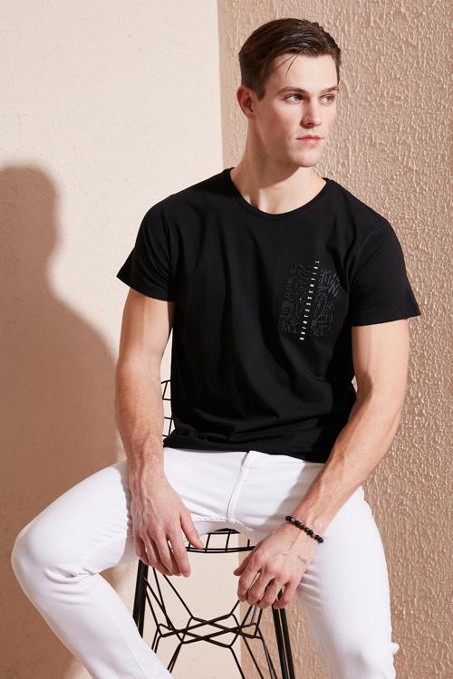 Bisiklet Yaka % 100 Pamuk Slim Fit Erkek T Shirt 541QUINT SİYAH