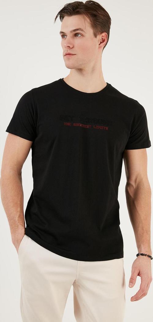 Basklı Bisiklet Yaka % 100 Pamuklu Slim Fit Erkek T Shirt 541GET SİYAH