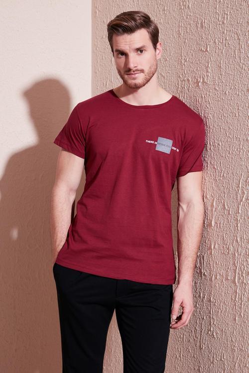 Bisiklet Yaka % 100 Pamuk Slim Fit Erkek T Shirt 541THERE BORDO