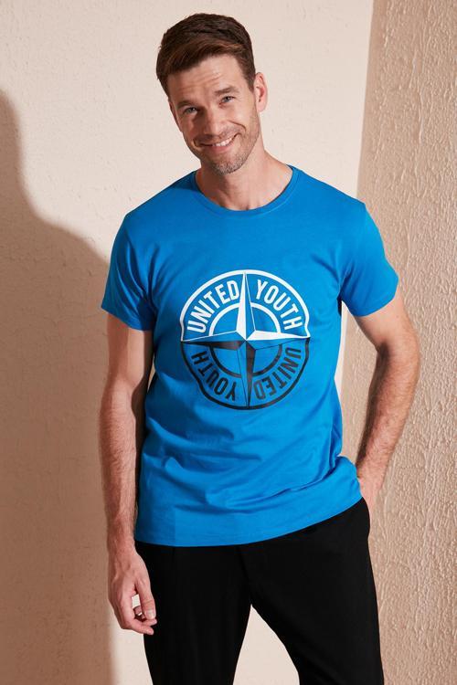 Baskılı Bisiklet Yaka % 100 Pamuk Slim Fit Erkek T Shirt 541PUSULA MAVİ