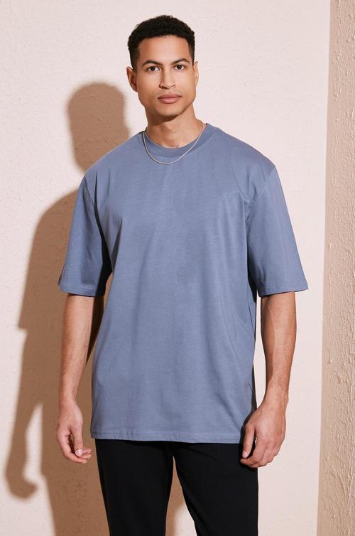 Pamuklu Oversize Bisiklet Yaka Basic Erkek T Shirt 5902365 KOYU MAVİ