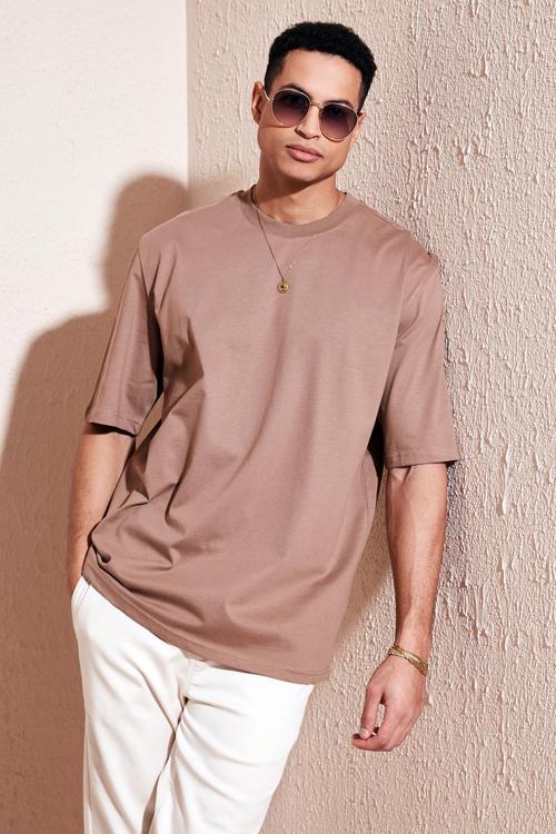 Pamuklu Oversize Bisiklet Yaka Basic Erkek T Shirt 5902365 TOPRAK