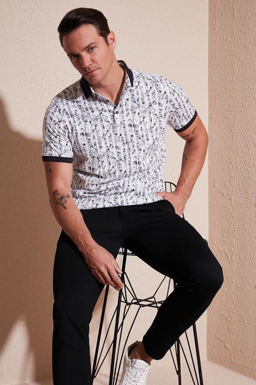 Desenli Pamuklu Slim Fit Erkek Polo Yaka T Shirt 646B3490 SİYAH