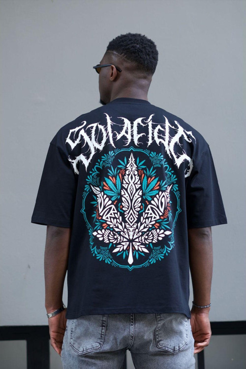 Erkek Siyah Oversize %100 Pamuk Baskılı T-Shirt Trk185964
