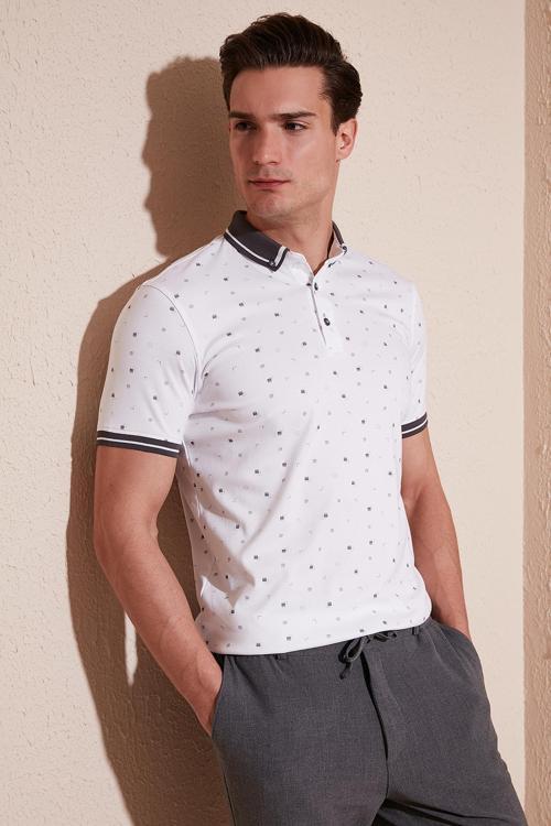 Pamuk Karışımlı Desenli Slim Fit Erkek Polo Yaka T Shirt 646B3210 BEYAZ
