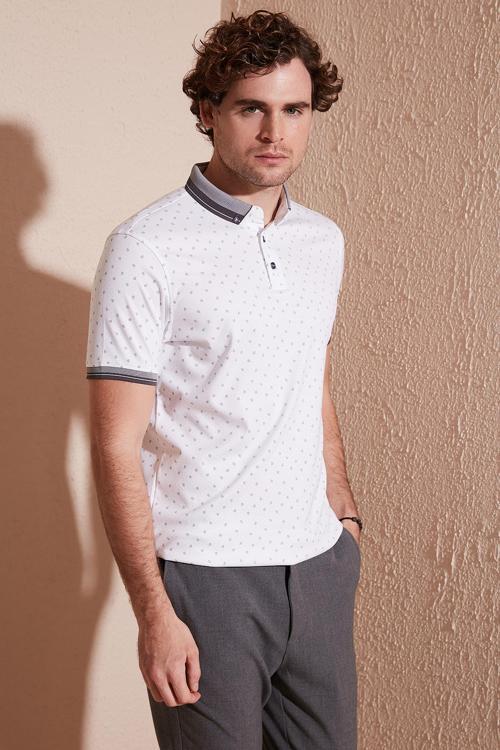 Pamuk Karışımlı Desenli Slim Fit Erkek Polo Yaka T Shirt 646B3250 BEYAZ