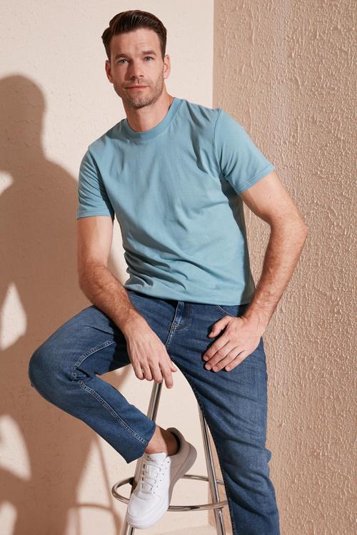 Pamuklu Regular Fit Bisiklet Yaka Basic Erkek T Shirt 59020201 MAVİ