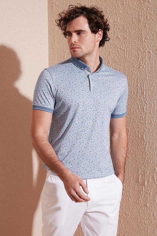 Pamuk Karışımlı Desenli Slim Fit Erkek Polo Yaka T Shirt 646B3270 AÇIK MAVİ