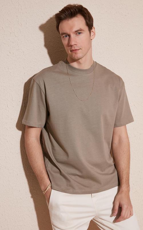Pamuklu Relaxed Fit Sıfır Yaka Erkek T Shirt 5905446 VİZON